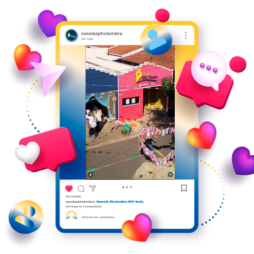 Fachada da Escola São Paulo de Holambra com entrada principal, jardim florido e alunos sorrindo